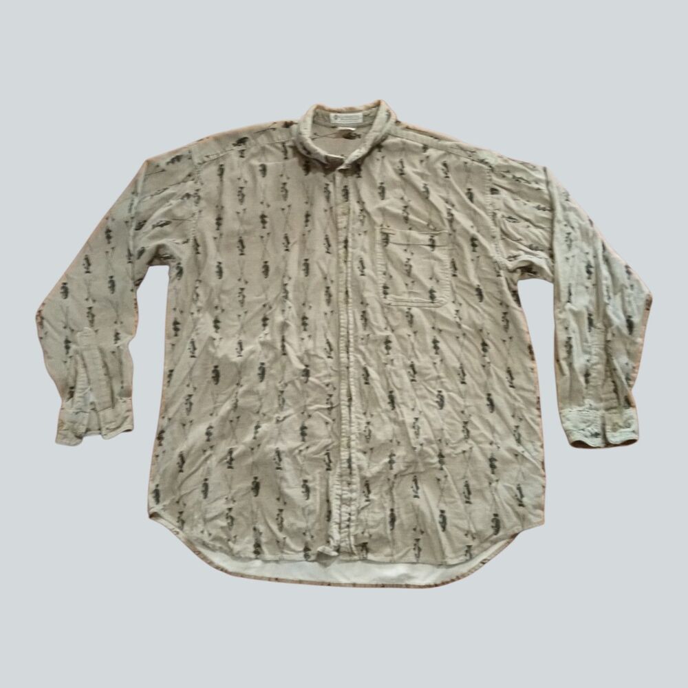 Vintage Columbia Fish Print Corduroy Shirt Mens 2XL Khaki Button Up